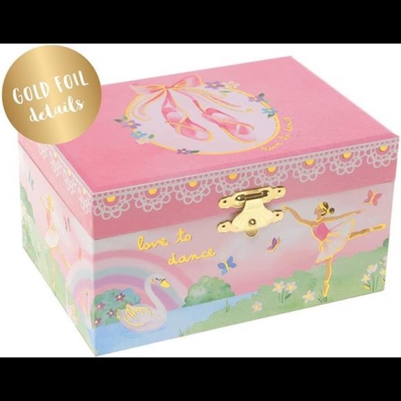 Girl's Musical Jewelry Storage Box with Ballerina, Gold Foil Design, Swan Lake - Picture 2 of 6